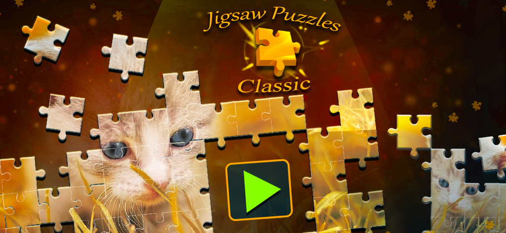 Jigsaw Puzzles Classic - Main menu of Jigsaw Puzzles Classic showing a kitten puzzle being assembled with a green play button
