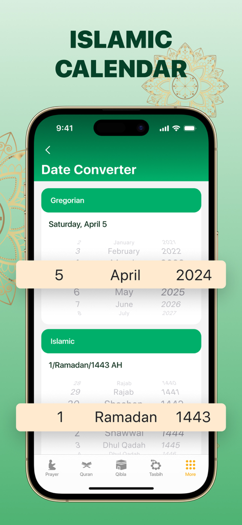 Interface of the Islamic calendar and date converter in the Muslim Prayer Times and Athan app