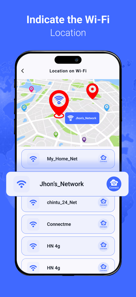 Wifi Password : Speed Analyzer - A smartphone screen displaying a map with wifi hotspot icons and a list of nearby networks like Jhon's Network