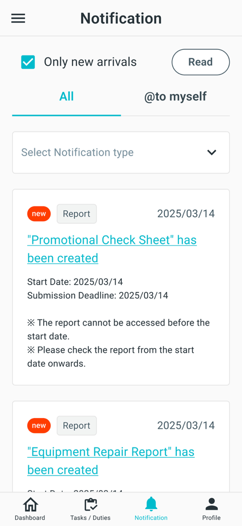 Makitori - A mobile screen from the Makitori app displaying a list of task notifications and reports.