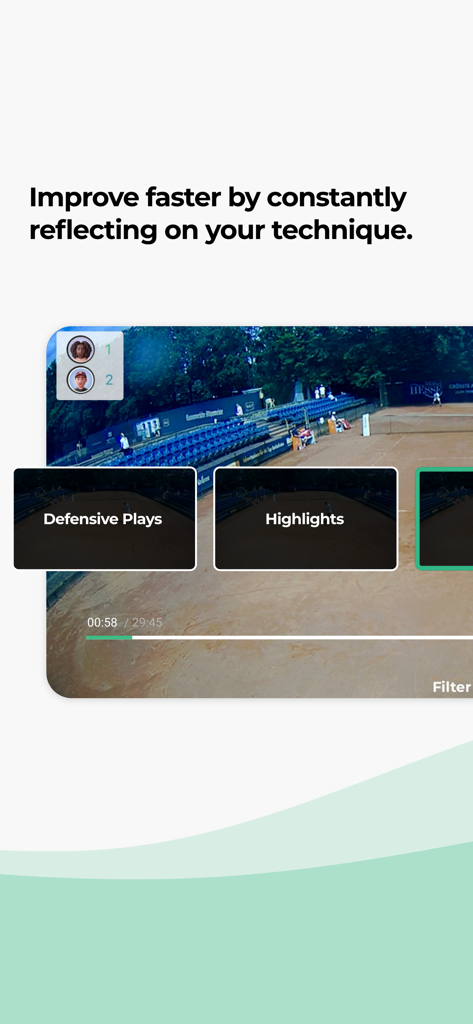Wingfield Sports app interface showing video analysis of a tennis match with highlight filters