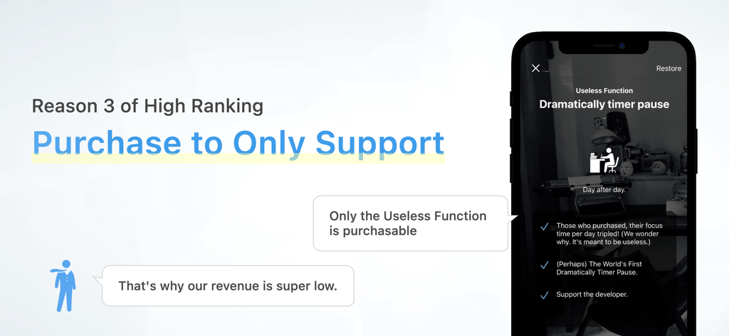Focus: Pomodoro Study Timer - Una diapositiva di marketing per l'app Focus Pomodoro Study Timer che spiega la sua funzione di acquisto per il supporto