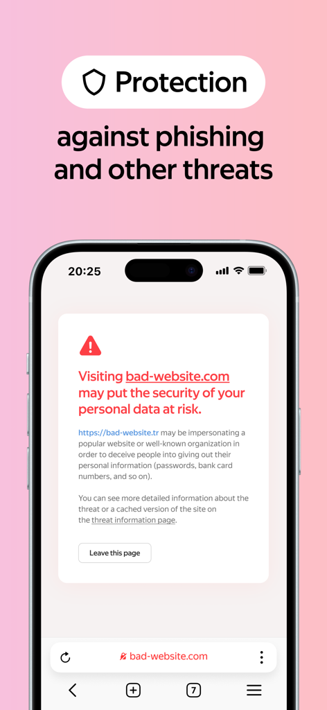 Yandex Browser-Sicherheitsfunktion, die eine Warnmeldung gegen Phishing und gefährliche Websites zeigt