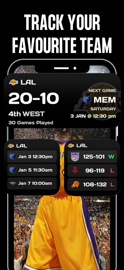BoxScore basketball widgets displaying team standings and game schedule on iPhone