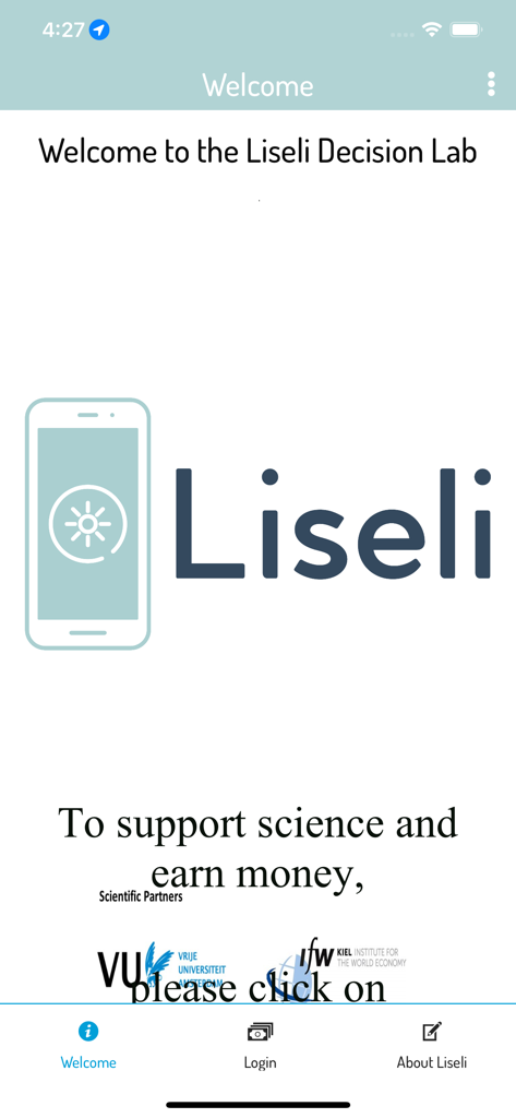 La schermata di benvenuto dell'app Liseli Decision Lab per la partecipazione a studi di ricerca.