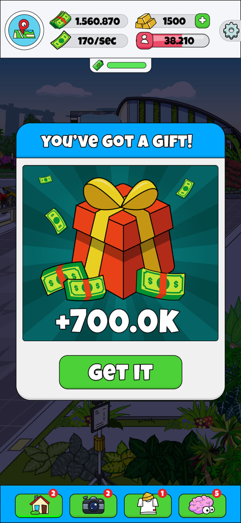 Lamar - Idle Vlogger - A gift box reward pop up in Lamar Idle Vlogger showing 700k cash bonus