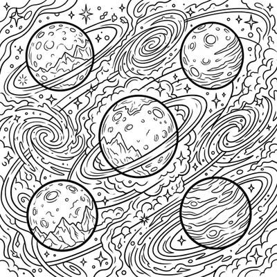 Embark on an astronomical journey with this captivating dwarf planets coloring page. Discover five unique celestial bodies surrounded by intricate cosmic patterns, perfect for mindful coloring.