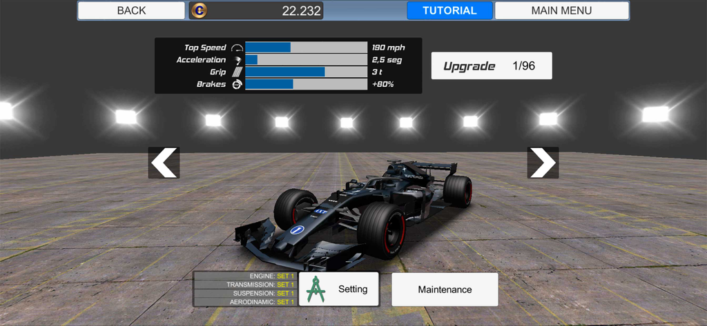 Race Master Manager - Car customization menu in Race Master Manager showing performance stats for a black racing car