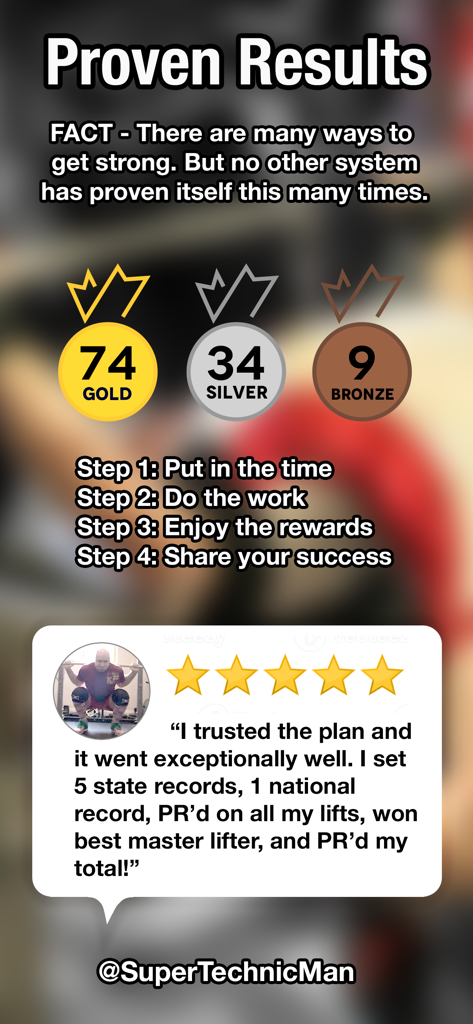 Sheiko Gold: AI Powerlifting - Schermata dei risultati dell'app Sheiko Gold che mostra medaglie di competizione e storie di successo degli utenti