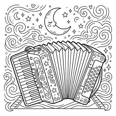 Immerse yourself in a serene night scene with this captivating accordion coloring page. Featuring a beautifully detailed accordion beneath a crescent moon and twinkling stars, it promises a truly magical coloring adventure.