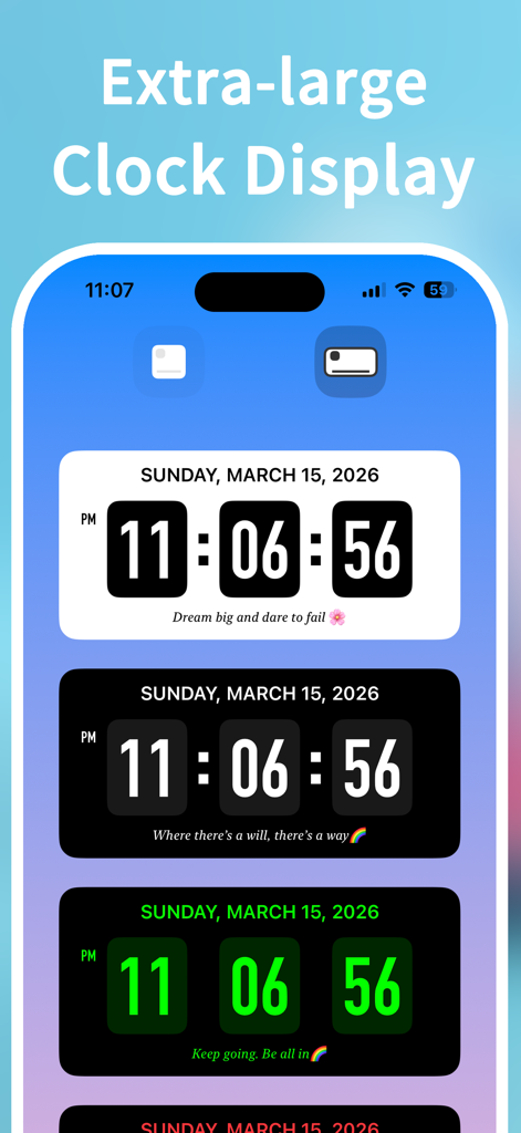 Clock Widget - Ultra HD Time - Interface showing multiple styles of extra large flip clock widgets with customizable colors and inspirational quotes.