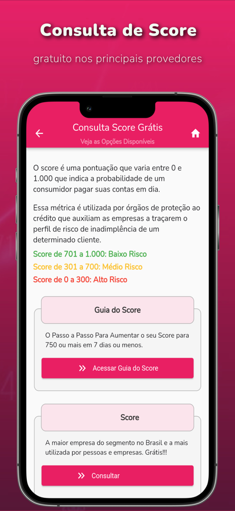 Mobile interface of a Brazilian credit score check app displaying score ranges for low, medium, and high risk