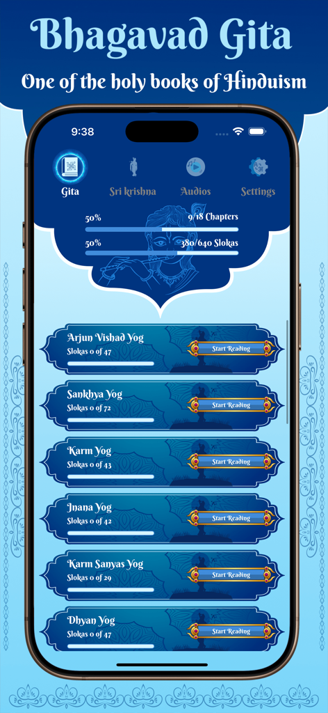Bhagavad Gita for All - Bhagavad Gita App-Oberfläche, die den Kapitel-Fortschritt und eine Liste der gelesenen Kapitel anzeigt