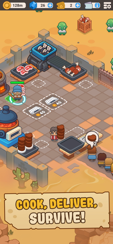 Idle Outpost Zombie Apocalypse - 식량 배달 생존이라는 문구가 있는, 생존자들이 줄을 서서 음식을 기다리는 종말 이후 무역소의 탑다운 뷰