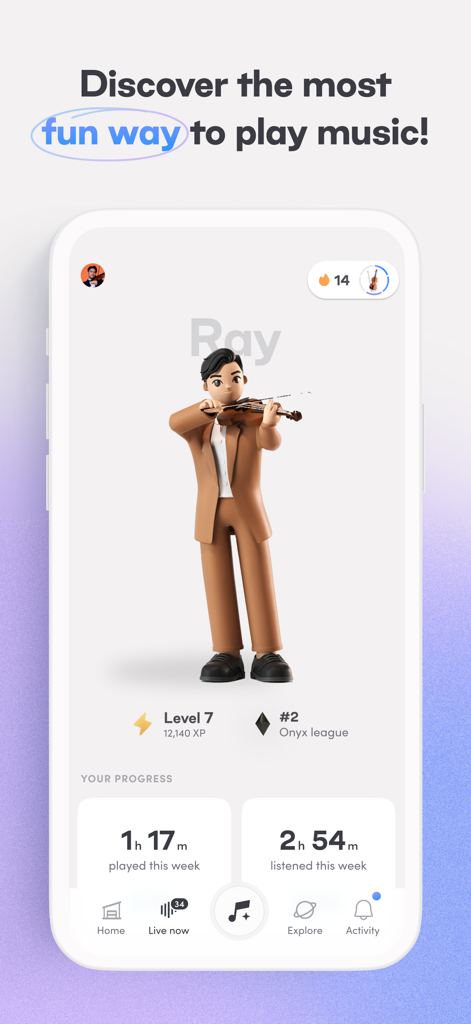 Interfaz de la aplicación Tonic Music que muestra un avatar de violinista 3D con el progreso del tiempo de práctica y el nivel.