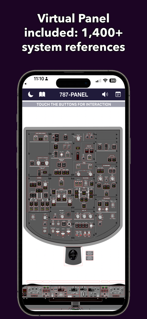 Interactive virtual overhead panel of a Boeing 787 cockpit on an iPhone for professional pilot training