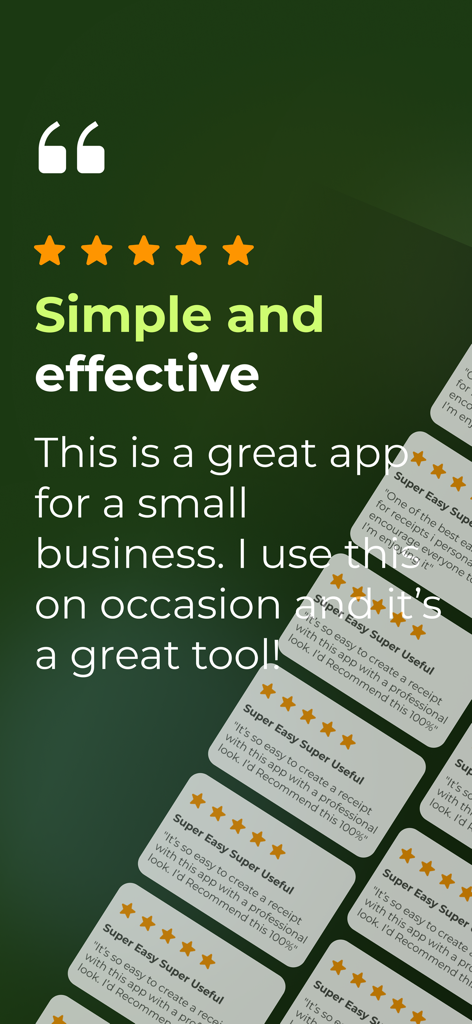 Positive customer reviews and five star ratings for the Job Quote Maker app.