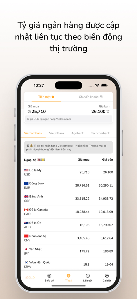 iGold: Giá vàng, tin tức - iGold app interface showing real-time bank exchange rates for global currencies against the Vietnamese Dong