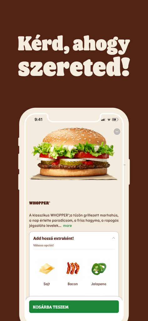 BURGER KING® Magyarország - Burger King app screen for customizing a Whopper with extra cheese bacon and jalapeno options