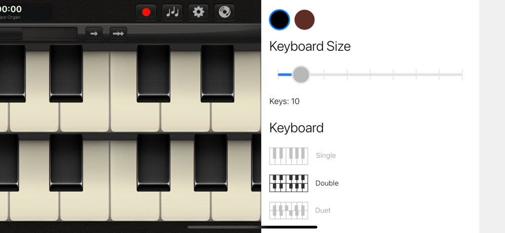 Keys: Organ, Piano, Percussion - Settings menu for keyboard size and layout options on a double keyboard interface