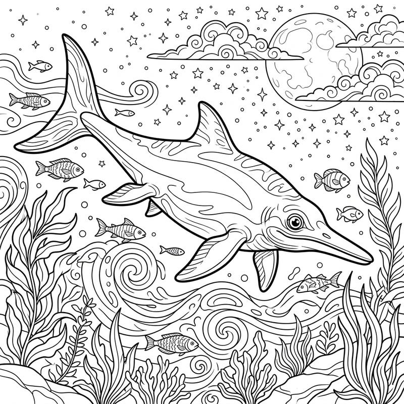 Embark on an epic journey with our Ichthyosaurus night-time coloring page. Unleash your creativity as you bring this ancient marine marvel and its dreamy deep-sea world to vibrant life.