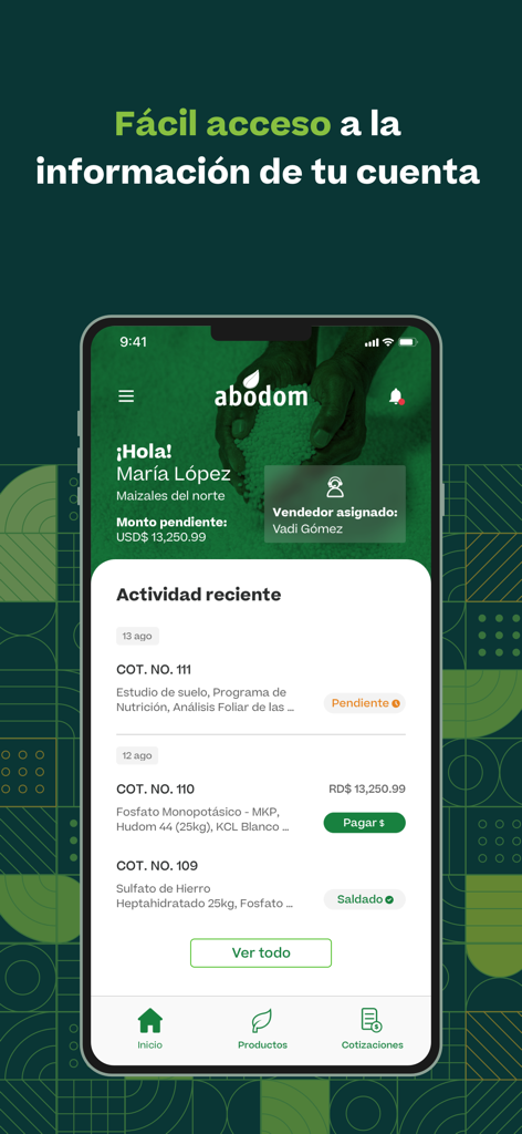 Abodom - Painel do aplicativo móvel Abodom mostrando o saldo da conta e os orçamentos recentes de produtos agrícolas