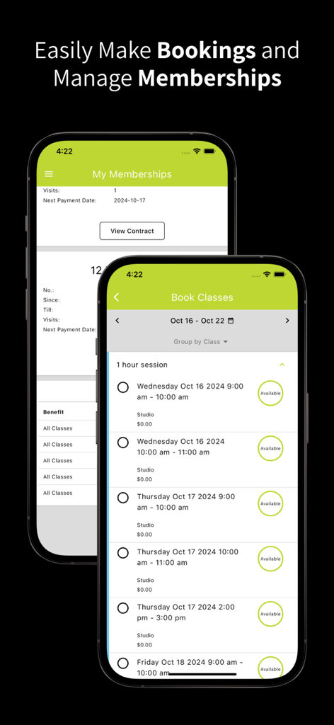 Home Court - Interface do aplicativo Home Court em dois smartphones mostrando o calendário de reservas de aulas de fitness e detalhes de gerenciamento de assinatura.
