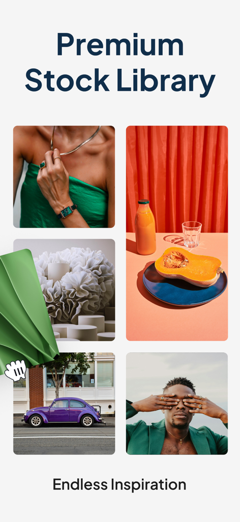 A collection of high quality stock photos from the Fluer app showing diverse lifestyle and product imagery