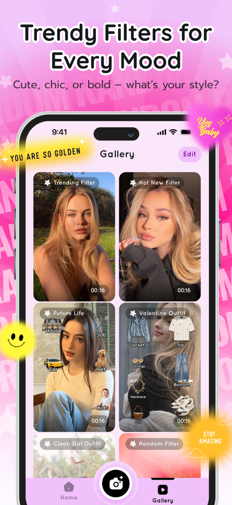 Random Filter: Lovely Tap - Mobile app interface showing a gallery of trending filters like Future Life and Valentine Outfit