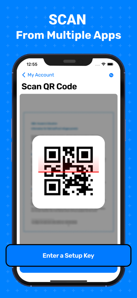 A smartphone screen displaying the scan QR code interface for 2FA setup with a red scanning line over a QR code.