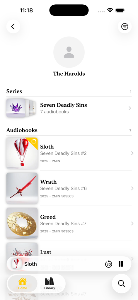 ShelfPlayer - L'interfaccia dell'app ShelfPlayer che mostra una serie di audiolibri e i titoli individuali.