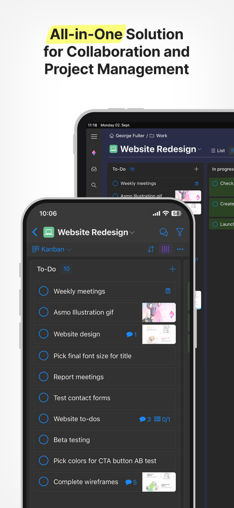 Interface do aplicativo Zenkit no iPhone e iPad mostrando uma lista de tarefas de redesign de site e recursos de gerenciamento de projetos.