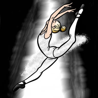 gymnast doing a leap in a leotard with a bent back leg