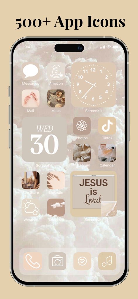 iPhone mostrando una pantalla de inicio personalizada con un tema estético beige que incluye iconos y widgets personalizados
