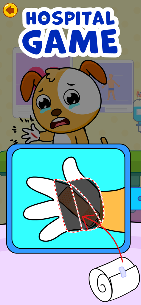 Doctor Games for Kids: Dentist - Cachorro llorando recibiendo una venda en una mano herida en el juego de doctor para niños