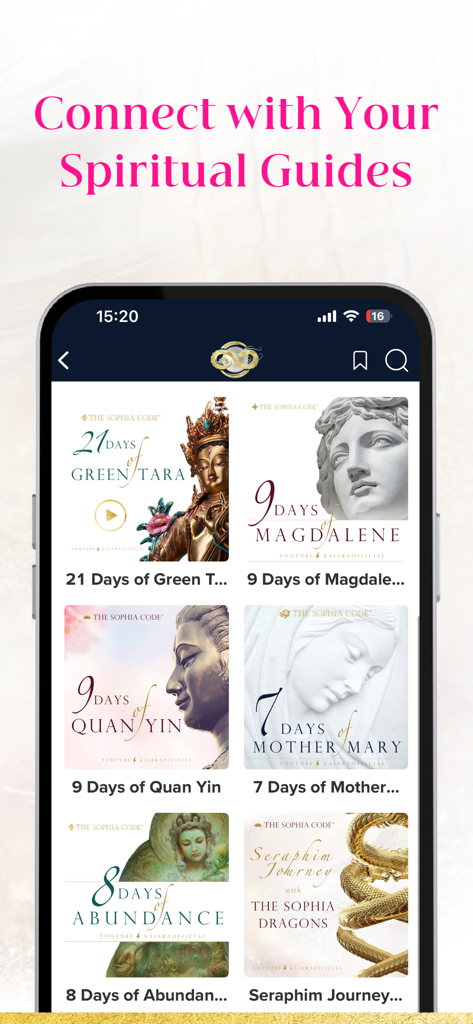 The Sophia Code - The Sophia Code app interface displaying spiritual journeys with Divine Feminine archetypes like Green Tara and Mary Magdalene.