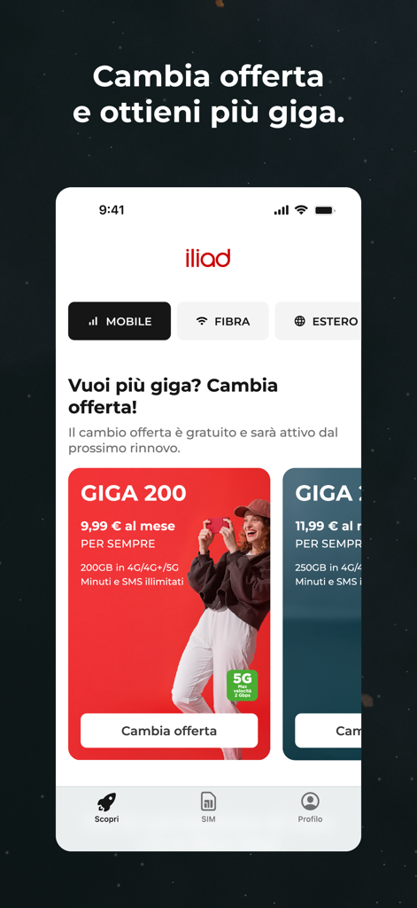 Iliad mobile app interface for changing and upgrading mobile data plans.