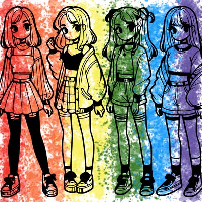 one girl with crop-top shirt and a jacket with a skirt, long socks and another girl with a shirt and pants with a jacket