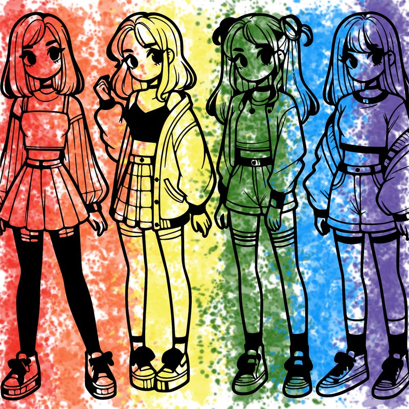 one girl with crop-top shirt and a jacket with a skirt, long socks and another girl with a shirt and pants with a jacket