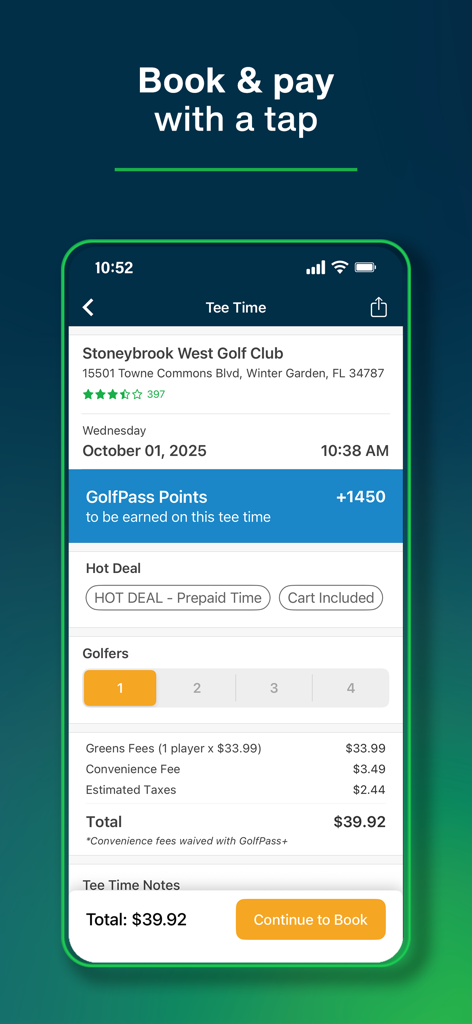 Mobile app screen showing the checkout process for a golf tee time reservation with pricing and rewards points
