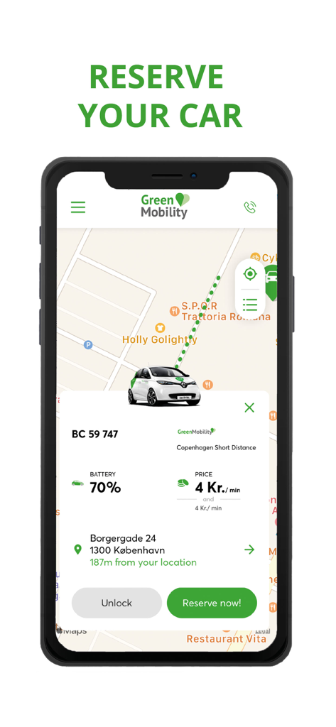 Pantalla de la aplicación GreenMobility que muestra un mapa con la ubicación de un coche eléctrico y un botón de reserva ahora.