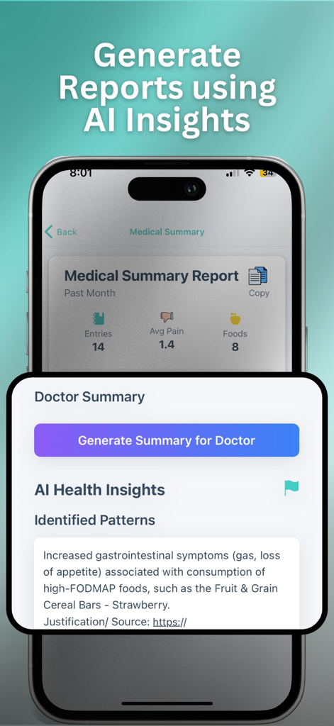 Poop Tracker - FlareCare AI - Pantalla de la aplicación FlareCare AI que muestra un informe de resumen médico e información de salud para médicos