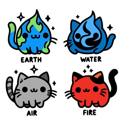 4 cats that represent the different elements, earth, water, air, and fire