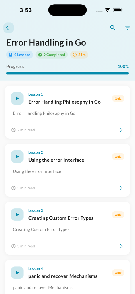 Screenshot of the error handling module lessons and completion progress in the GoLang Pro app