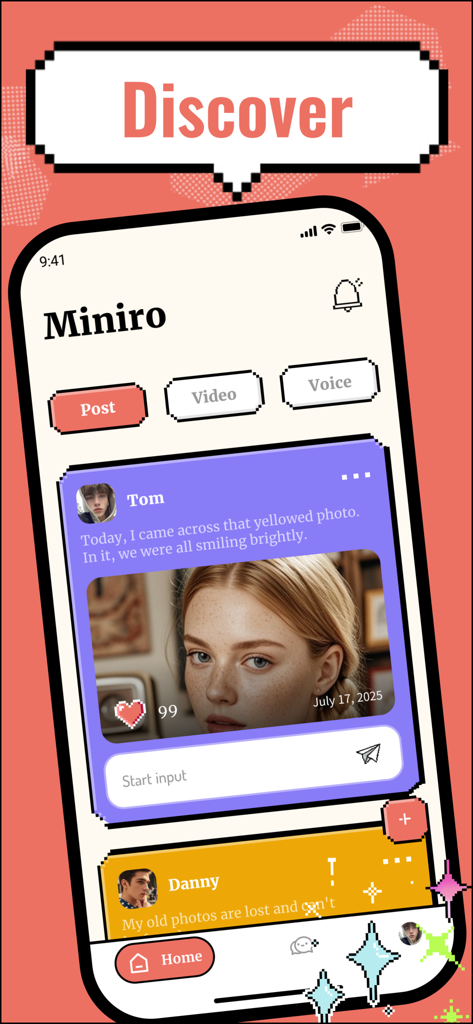 Miniro：Adult Share | Live Chat - A smartphone screen displaying the Miniro app discover feed with user posts and a pixel art theme