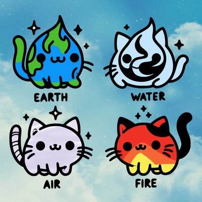 4 cats that represent the different elements, earth, water, air, and fire