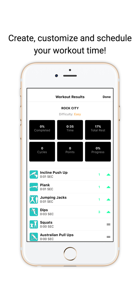 Calisthenics Workout Routines - Mobile app interface showing workout results for a calisthenics routine including exercises like push ups and planks with performance statistics.