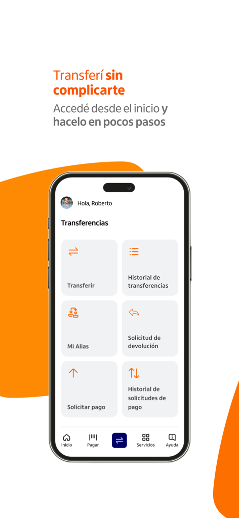Itaú Paraguay - Pantalla de smartphone que muestra el menú de transferencia de dinero de la aplicación de banca móvil Itaú Paraguay