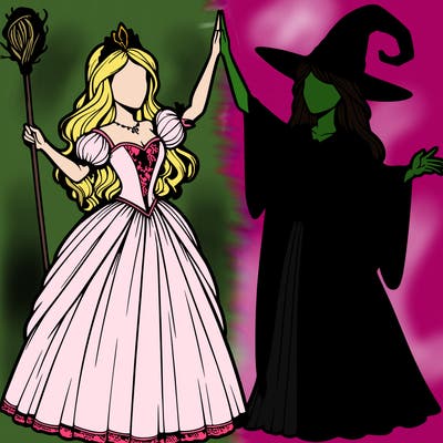 detailed realistic split of a princess and a witch
