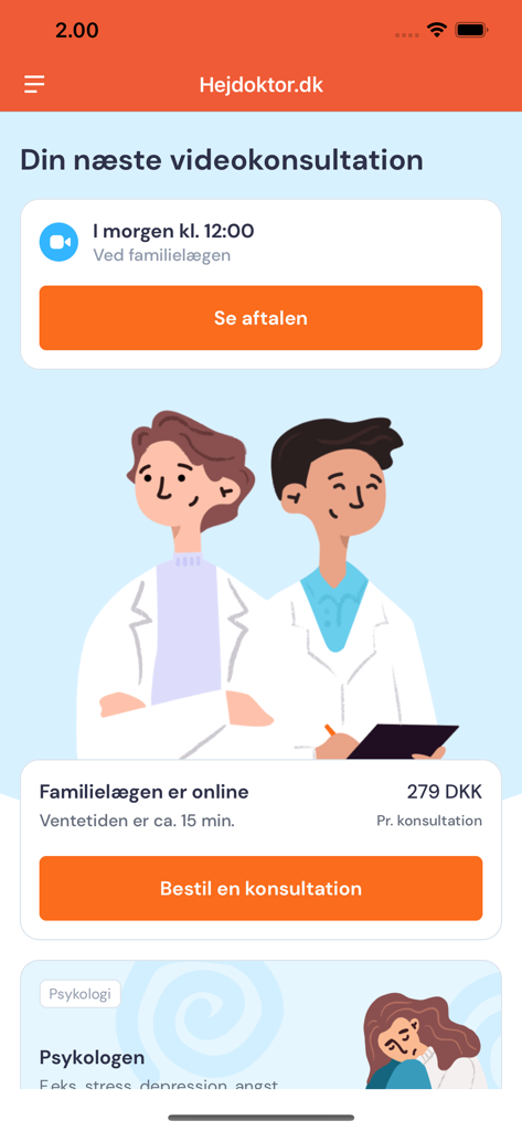 Hejdoktor.dk - Hejdoktor app interface showing options to schedule video consultations with doctors and psychologists